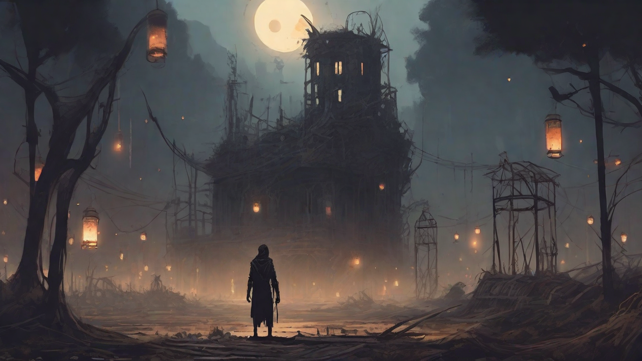 A barren, post-apocalyptic landscape with skeletal ruins, overgrown gardens, and a lone figure standing amidst the desolation, surrounded by flickering lanterns and a distant hint of a broken clock tower.