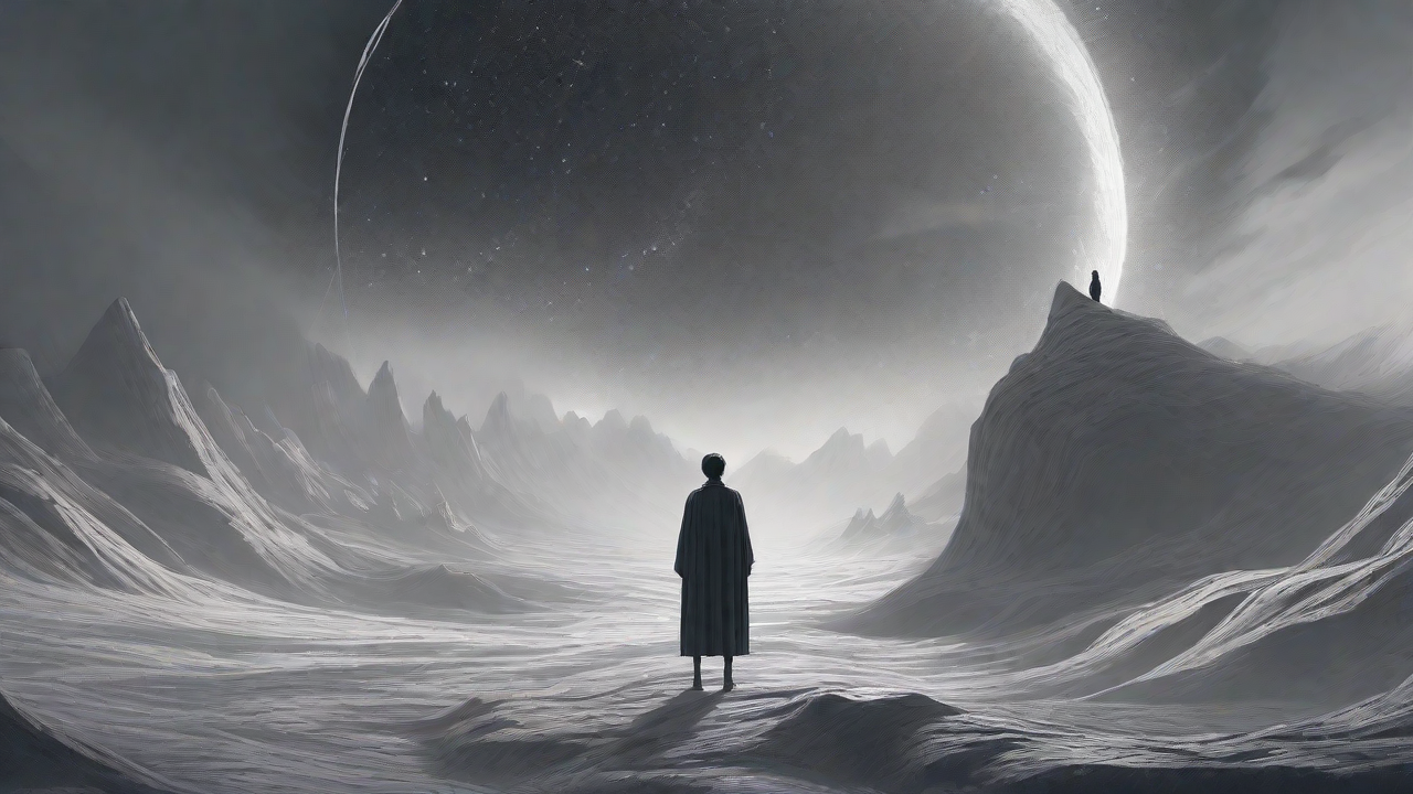 In a swirling void, a lone figure stands on the abyssal precipice, illuminated by the dying star, as they embark on a perilous journey through eternal darkness towards an unknown and mysterious destination.