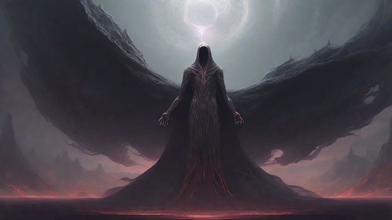 As the void's abyssal silence envelops them, a figure stands at the edge, their footsteps echoing through the void, guided by an unseen power that pushes them towards an otherworldly realm, where eternal rebirth awaits.