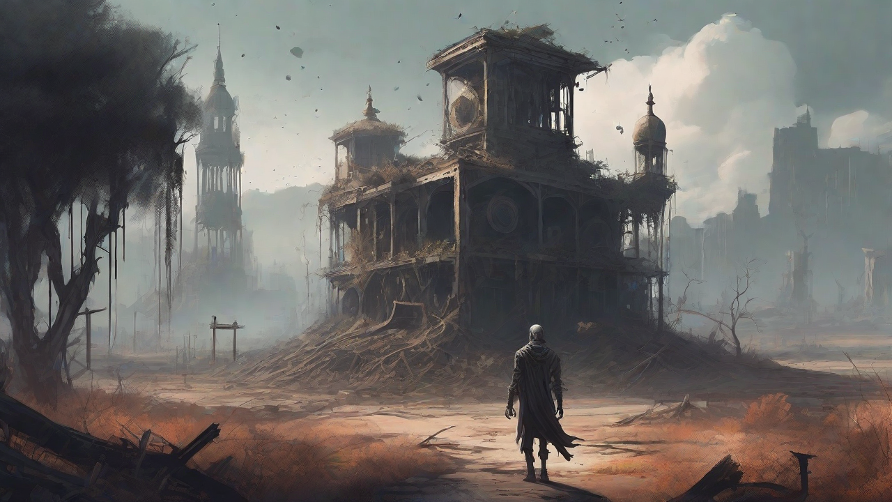 A barren, post-apocalyptic landscape with skeletal ruins, overgrown gardens, and a lone figure standing amidst the desolation, surrounded by flickering lanterns and a distant hint of a broken clock tower.