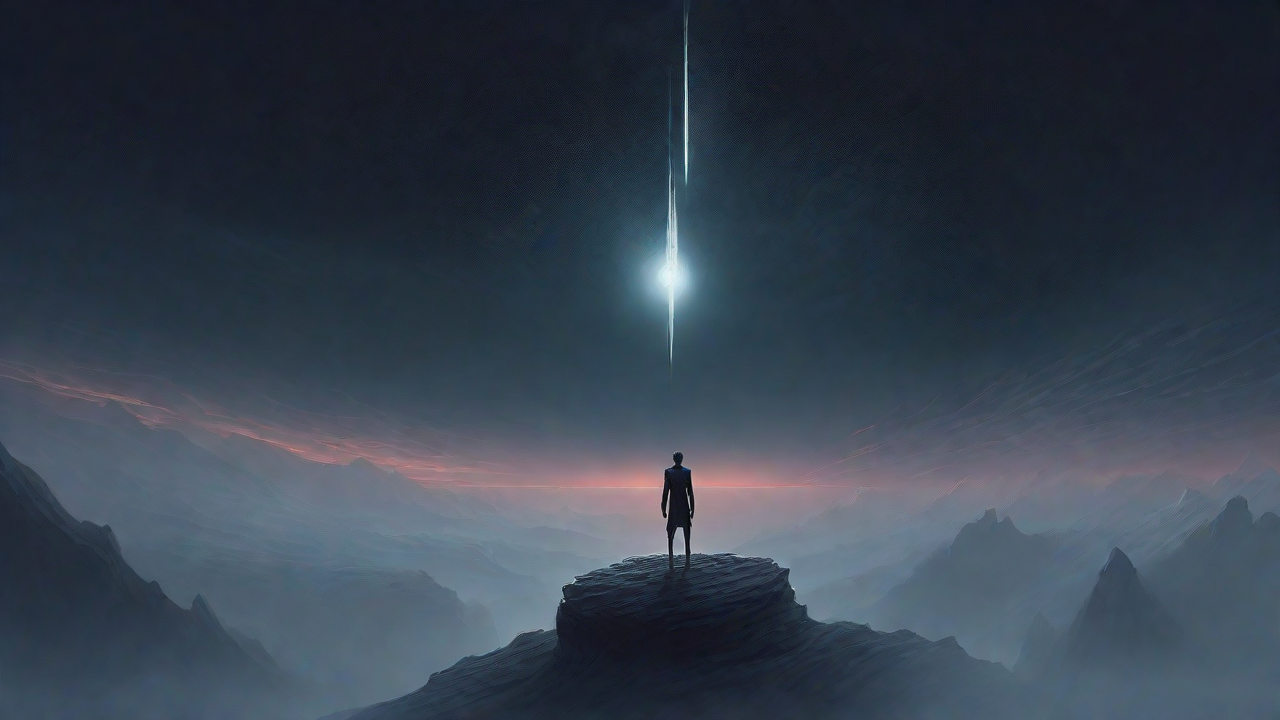 In the depths of a swirling void, a lone figure stands at the precipice, illuminated only by the faint glow of a dying star, as they embark on a perilous journey through the abyss towards an unknown destination.