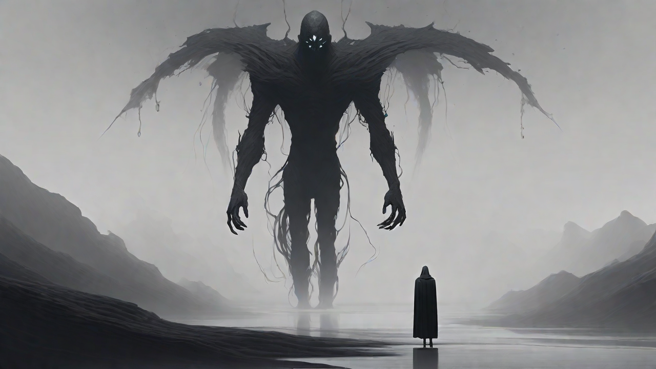 As the void's abyssal silence envelops them, a figure stands at the edge, their footsteps echoing through the void, guided by an unseen power that pushes them towards an otherworldly realm, where eternal rebirth awaits.