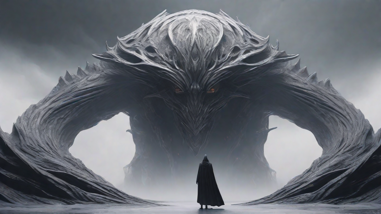 As the void's abyssal silence envelops them, a figure stands at the edge, their footsteps echoing through the void, guided by an unseen power that pushes them towards an otherworldly realm, where eternal rebirth awaits.
