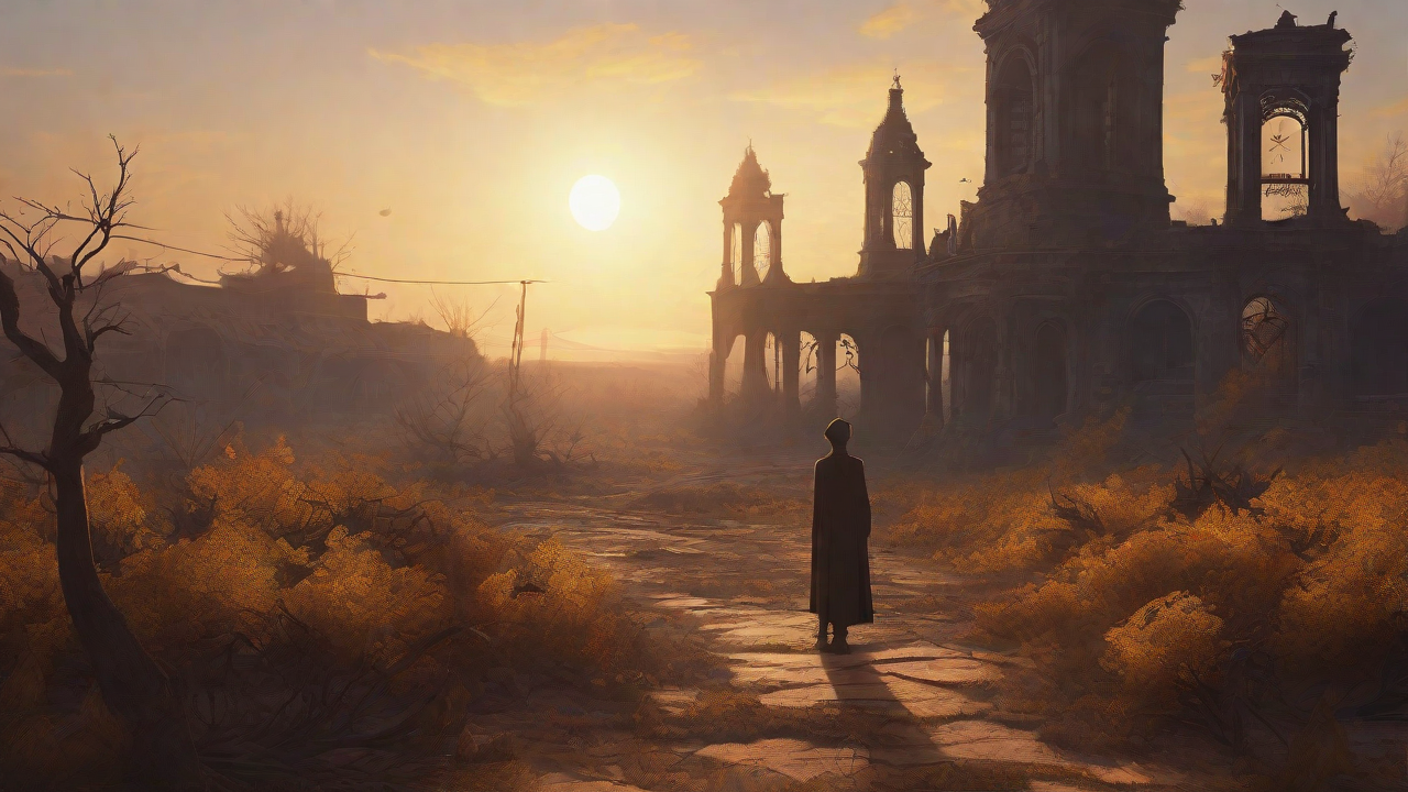 Barren wasteland, skeletal ruins, overgrown gardens, lone figure, flickering lanterns, and a broken clock tower in the distance, set against a perpetual golden sunset.