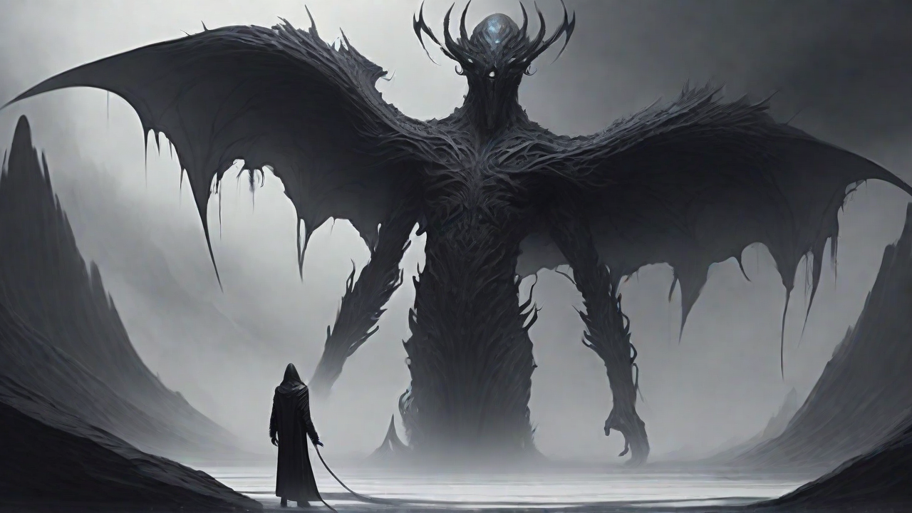 As the void's abyssal silence envelops them, a figure stands at the edge, their footsteps echoing through the void, guided by an unseen power that pushes them towards an otherworldly realm, where eternal rebirth awaits.
