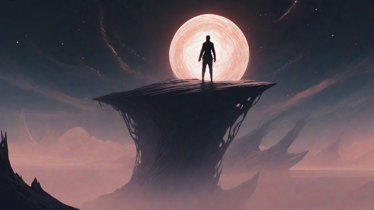 In a swirling void, a lone figure stands on the abyssal precipice, illuminated by the dying star, as they embark on a perilous journey through eternal darkness towards an unknown and mysterious destination.
