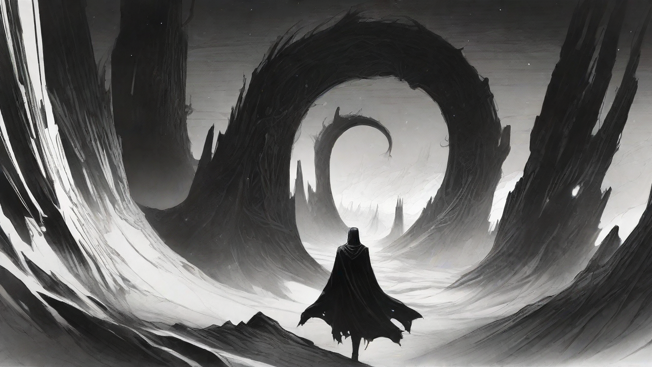 Guided by the void's dark whispers, a lone traveler ventures into the abyss, navigating through a realm of eternal darkness, guided by an unknown force that seeks rebirth and liberation from the void's grasp.