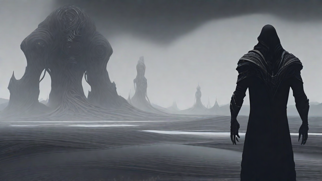 As the void's abyssal silence envelops them, a figure stands at the edge, their footsteps echoing through the void, guided by an unseen power that pushes them towards an otherworldly realm, where eternal rebirth awaits.