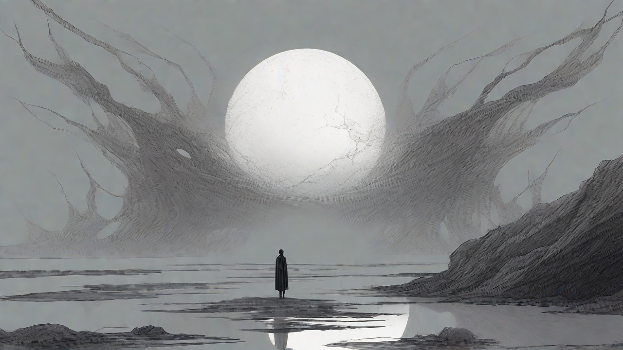 In a swirling void, a lone figure stands on the abyssal precipice, illuminated by the dying star, as they embark on a perilous journey through eternal darkness towards an unknown and mysterious destination.