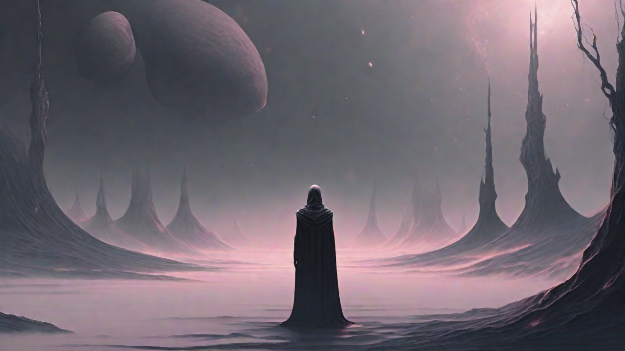 As the void's abyssal silence envelops them, a figure stands at the edge, their footsteps echoing through the void, guided by an unseen power that pushes them towards an otherworldly realm, where eternal rebirth awaits.