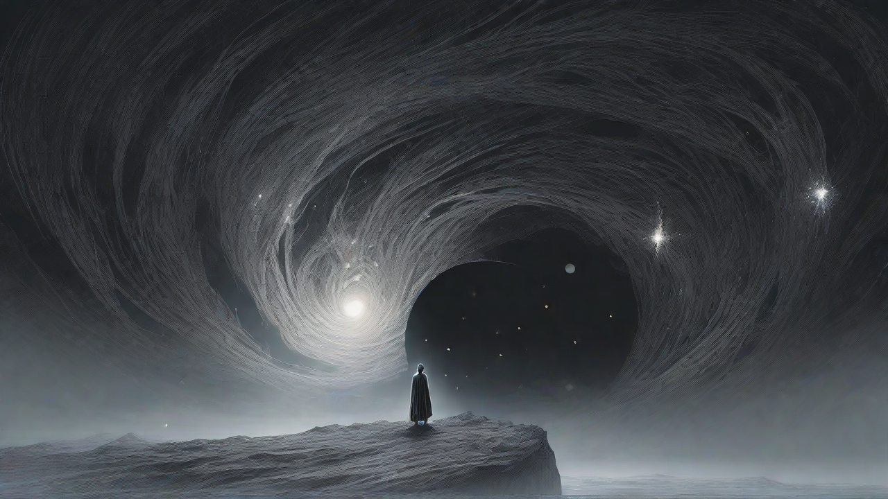 In a swirling void, a lone figure stands on the abyssal precipice, illuminated by the dying star, as they embark on a perilous journey through eternal darkness towards an unknown and mysterious destination.
