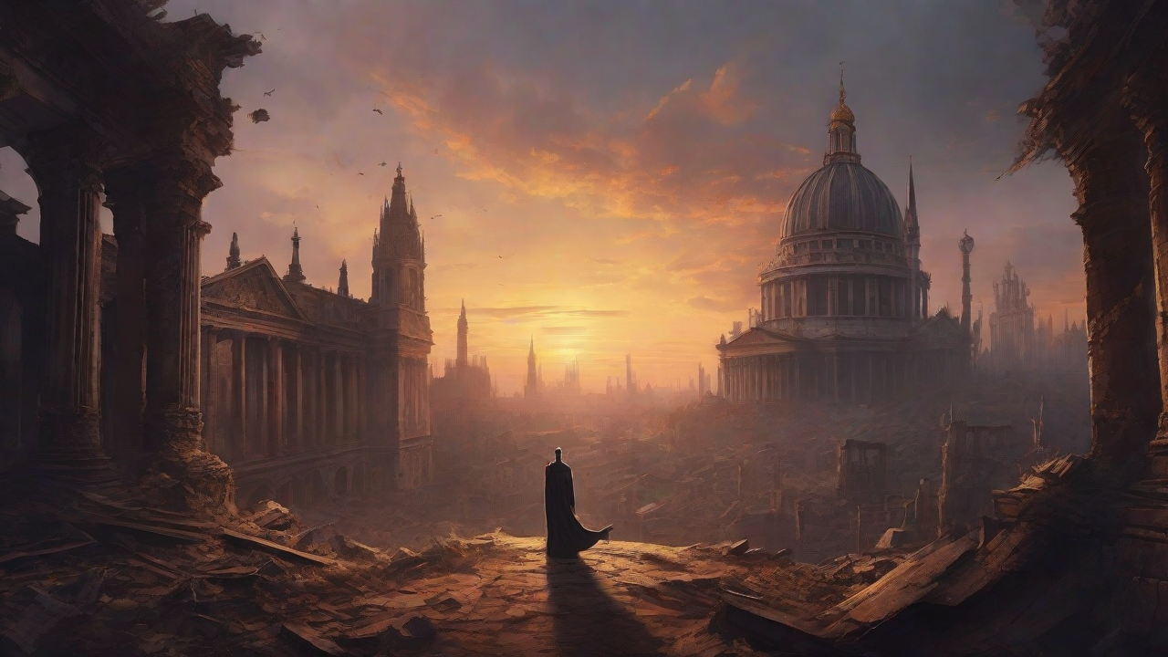 A hauntingly beautiful, ruined cityscape, with crumbling spires and grand architecture, set against a backdrop of a perpetual, golden sunset, with a lone figure dancing amidst the ruins.