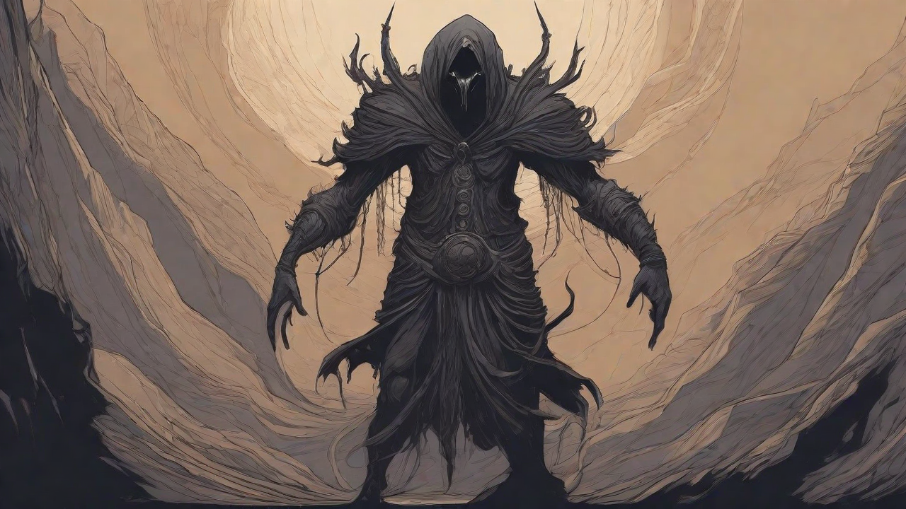 Guided by the void's dark whispers, a lone traveler ventures into the abyss, navigating through a realm of eternal darkness, guided by an unknown force that seeks rebirth and liberation from the void's grasp.