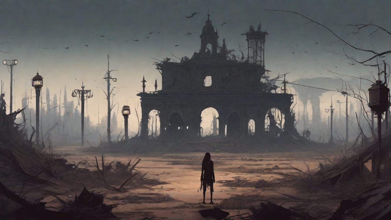 A barren, post-apocalyptic landscape with skeletal ruins, overgrown gardens, and a lone figure standing amidst the desolation, surrounded by flickering lanterns and a distant hint of a broken clock tower.