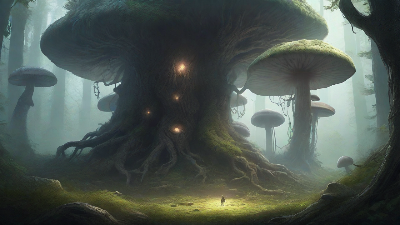A bleak, mystical forest, where ancient trees loom over a clearing, surrounded by a ring of mushrooms, and a faint glow emanates from a lone, glowing artifact, pulsing with an otherworldly energy.