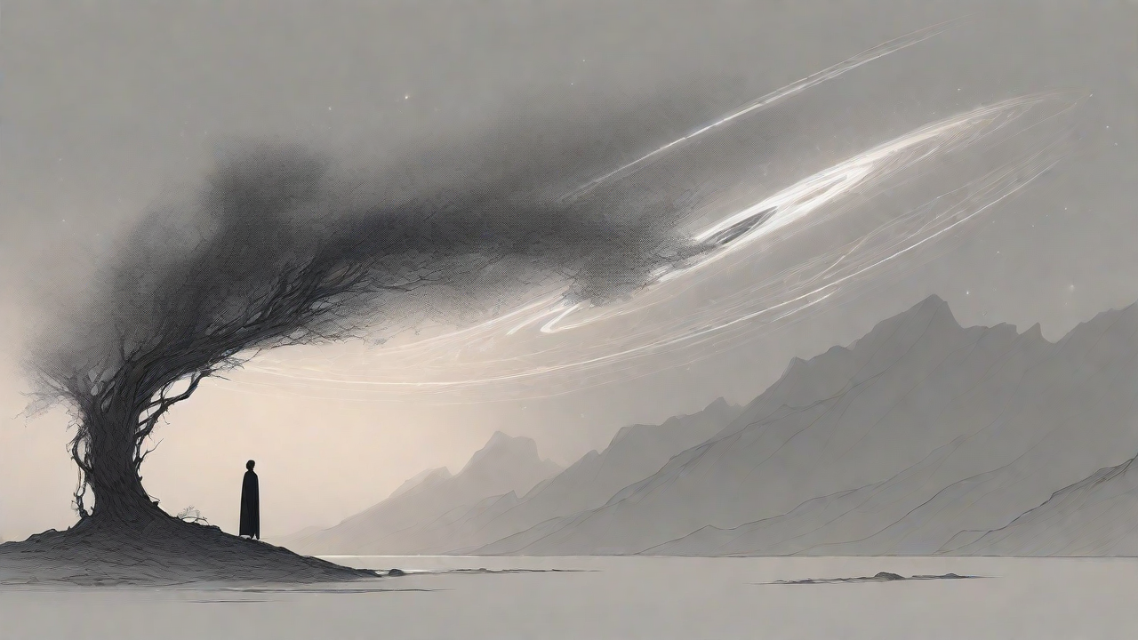 In the depths of a swirling void, a lone figure stands at the precipice, illuminated only by the faint glow of a dying star, as they embark on a perilous journey through the abyss towards an unknown destination.