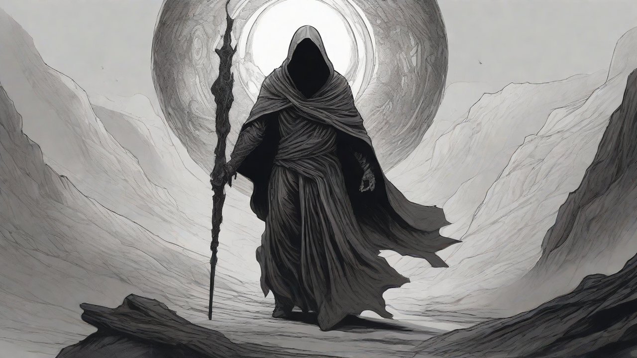 Guided by the void's dark whispers, a lone traveler ventures into the abyss, navigating through a realm of eternal darkness, guided by an unknown force that seeks rebirth and liberation from the void's grasp.