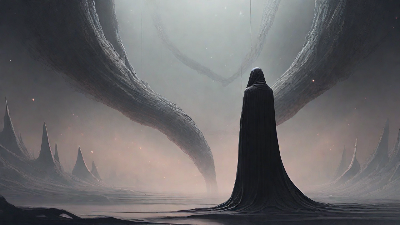 As the void's abyssal silence envelops them, a figure stands at the edge, their footsteps echoing through the void, guided by an unseen power that pushes them towards an otherworldly realm, where eternal rebirth awaits.