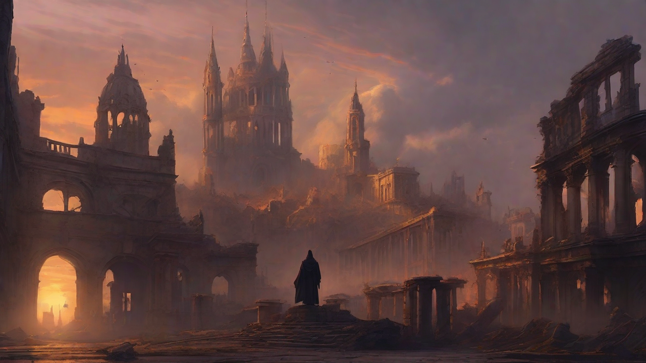 A hauntingly beautiful, ruined cityscape, with crumbling spires and grand architecture, set against a backdrop of a perpetual, golden sunset, with a lone figure dancing amidst the ruins.