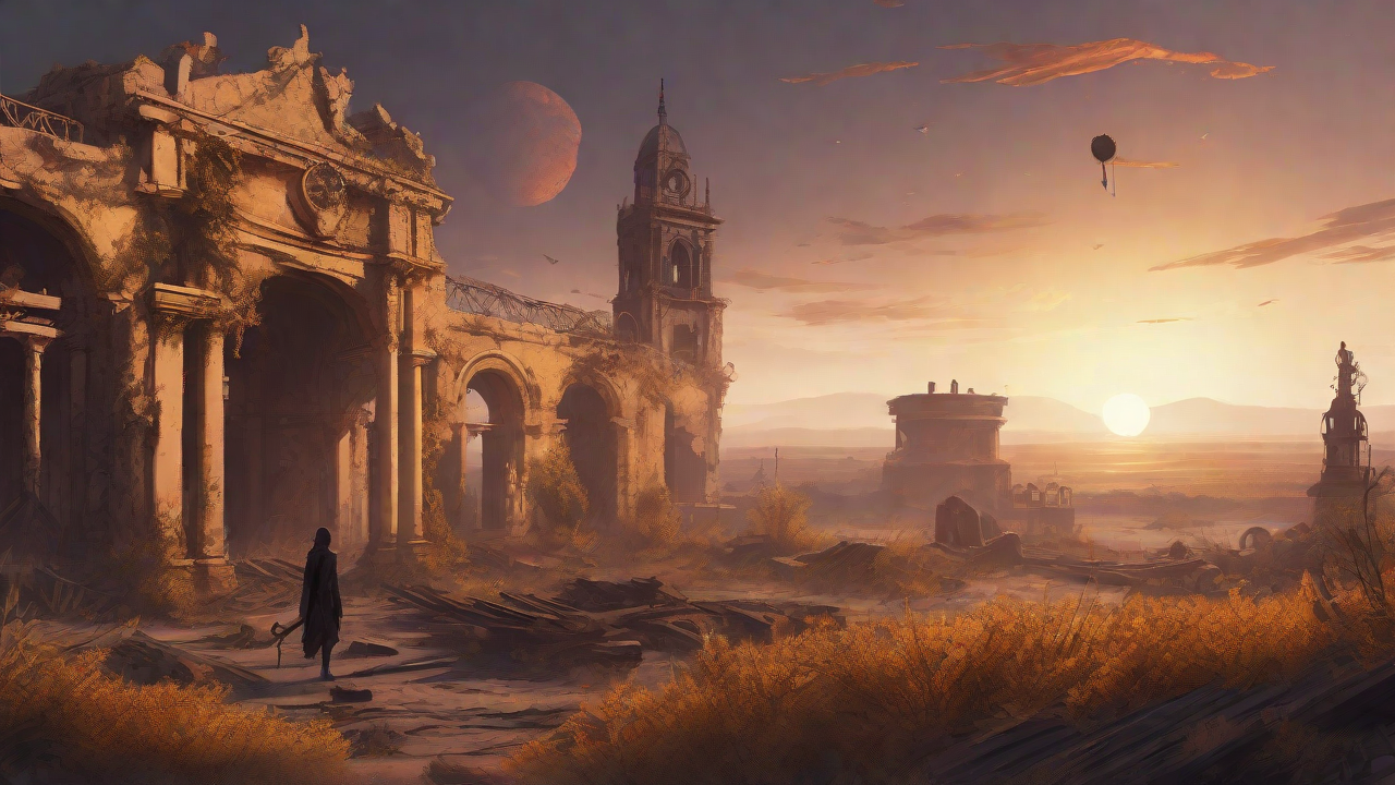 Barren wasteland, skeletal ruins, overgrown gardens, lone figure, flickering lanterns, and a broken clock tower in the distance, set against a perpetual golden sunset.