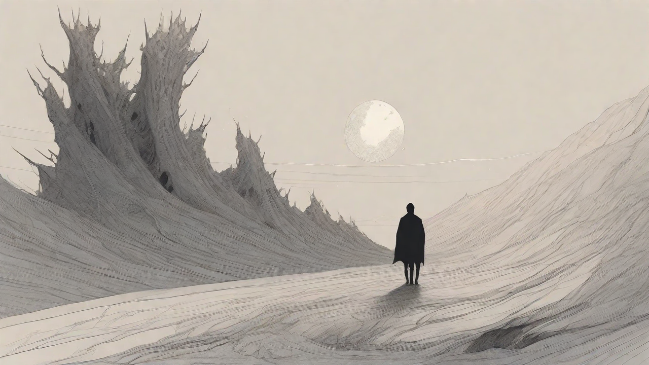 In the depths of a swirling void, a lone figure stands at the precipice, illuminated only by the faint glow of a dying star, as they embark on a perilous journey through the abyss towards an unknown destination.