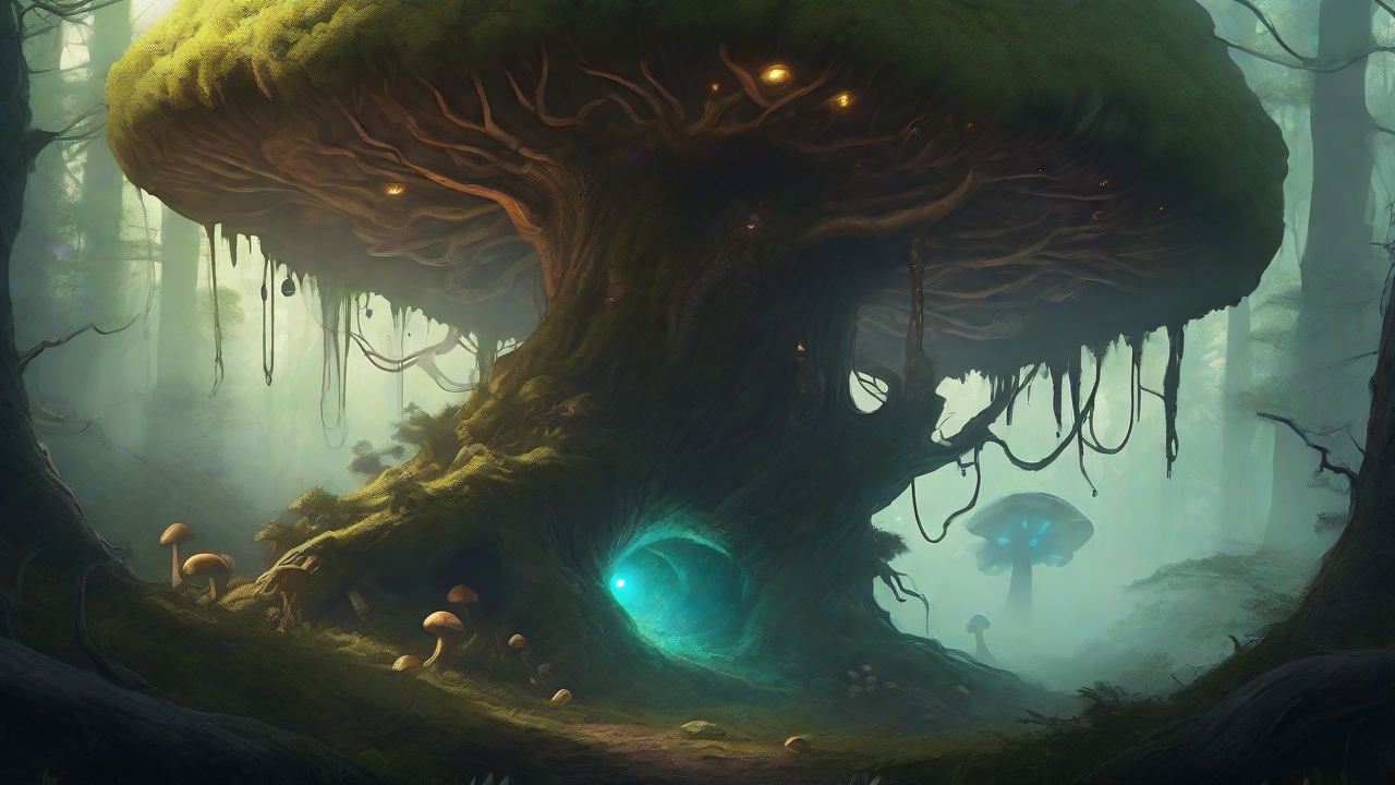 A bleak, mystical forest, where ancient trees loom over a clearing, surrounded by a ring of mushrooms, and a faint glow emanates from a lone, glowing artifact, pulsing with an otherworldly energy.
