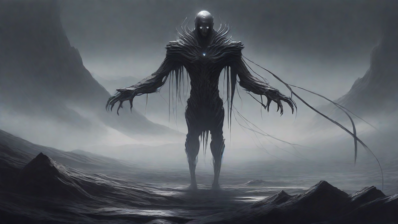 As the void's abyssal silence envelops them, a figure stands at the edge, their footsteps echoing through the void, guided by an unseen power that pushes them towards an otherworldly realm, where eternal rebirth awaits.