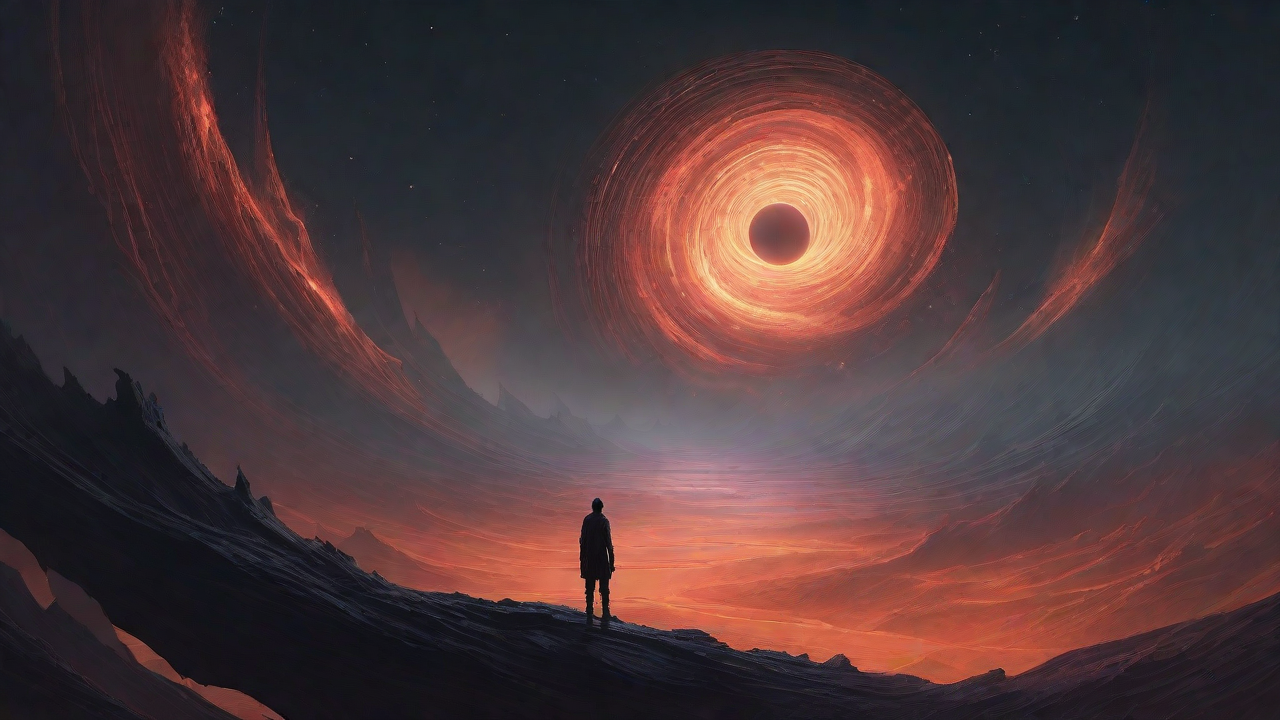 In a swirling void, a lone figure stands on the abyssal precipice, illuminated by the dying star, as they embark on a perilous journey through eternal darkness towards an unknown and mysterious destination.