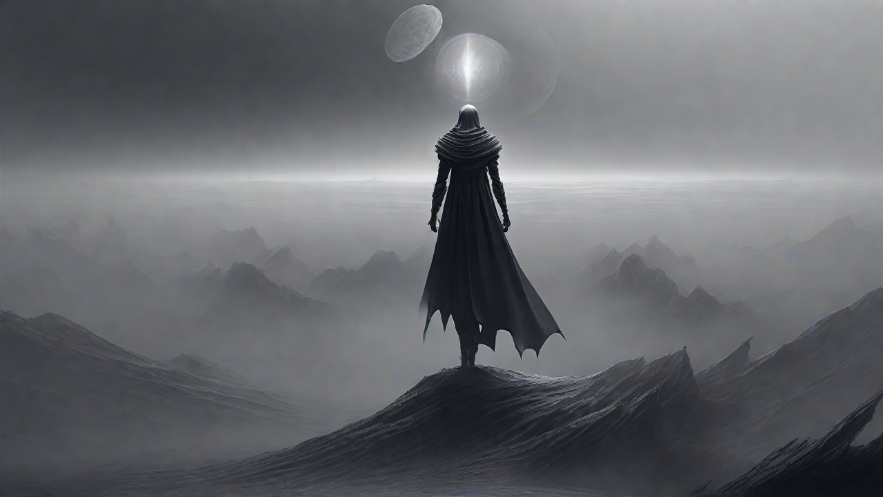 As the void's abyssal silence envelops them, a figure stands at the edge, their footsteps echoing through the void, guided by an unseen power that pushes them towards an otherworldly realm, where eternal rebirth awaits.