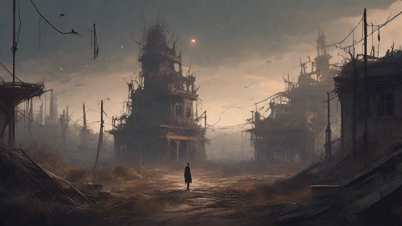 A barren, post-apocalyptic landscape with skeletal ruins, overgrown gardens, and a lone figure standing amidst the desolation, surrounded by flickering lanterns and a distant hint of a broken clock tower.