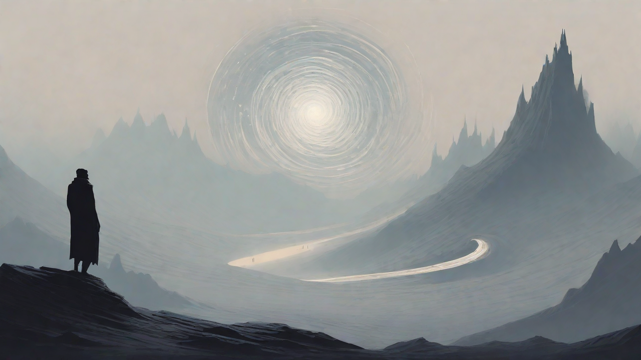 In the depths of a swirling void, a lone figure stands at the precipice, illuminated only by the faint glow of a dying star, as they embark on a perilous journey through the abyss towards an unknown destination.