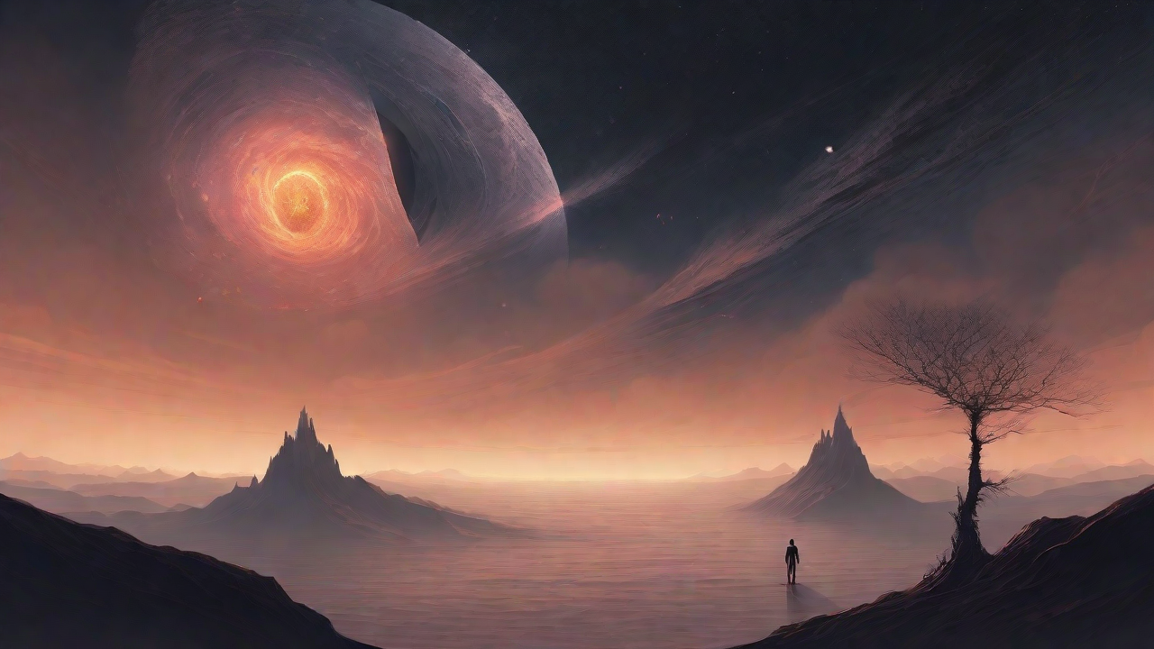 In a swirling void, a lone figure stands on the abyssal precipice, illuminated by the dying star, as they embark on a perilous journey through eternal darkness towards an unknown and mysterious destination.