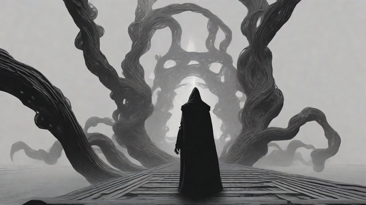 Guided by the void's dark whispers, a lone traveler ventures into the abyss, navigating through a realm of eternal darkness, guided by an unknown force that seeks rebirth and liberation from the void's grasp.
