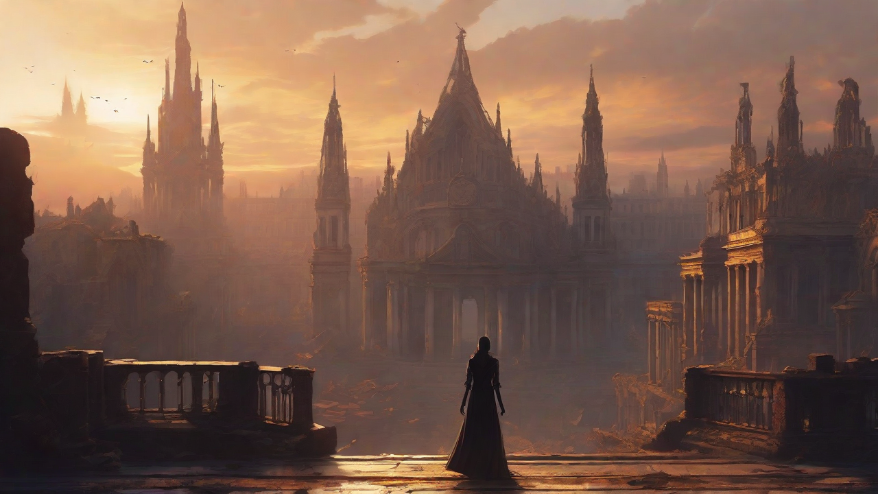 A hauntingly beautiful, ruined cityscape, with crumbling spires and grand architecture, set against a backdrop of a perpetual, golden sunset, with a lone figure dancing amidst the ruins.
