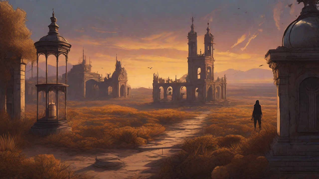 Barren wasteland, skeletal ruins, overgrown gardens, lone figure, flickering lanterns, and a broken clock tower in the distance, set against a perpetual golden sunset.