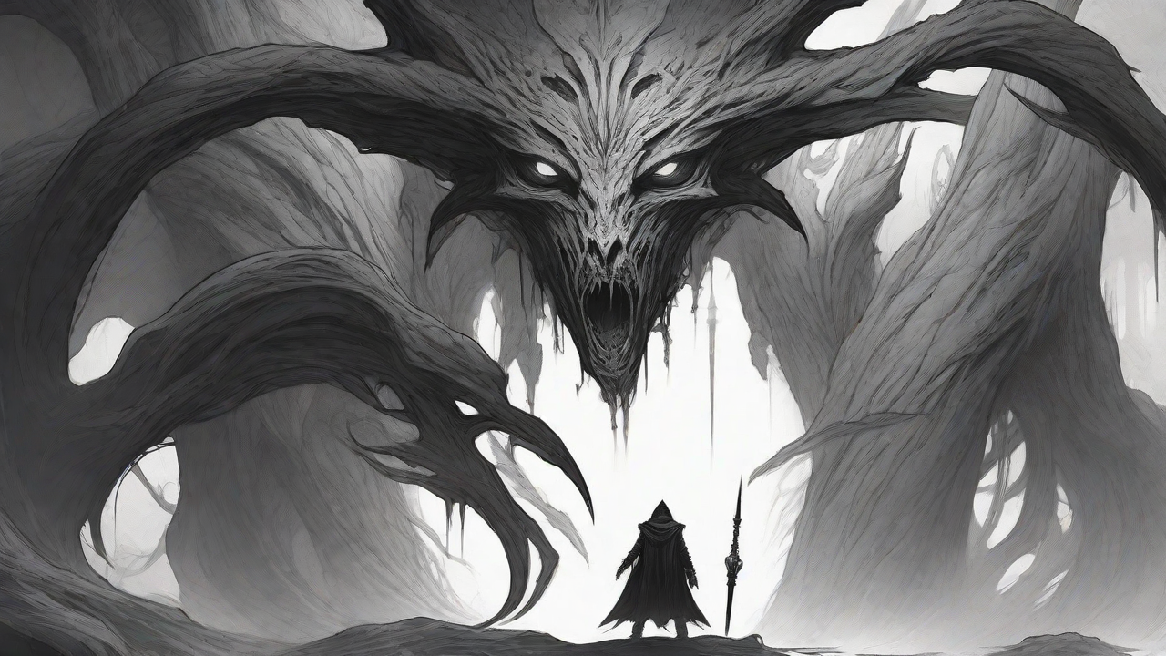 Guided by the void's dark whispers, a lone traveler ventures into the abyss, navigating through a realm of eternal darkness, guided by an unknown force that seeks rebirth and liberation from the void's grasp.
