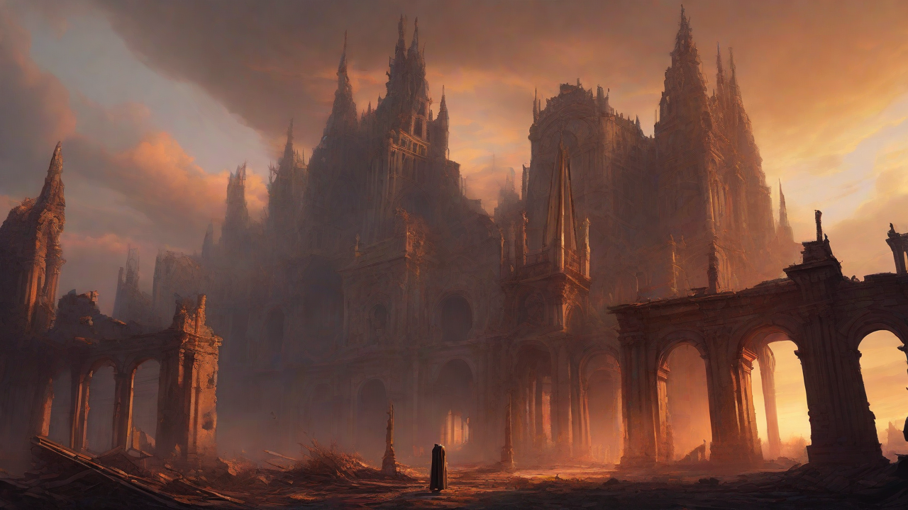 A hauntingly beautiful, ruined cityscape, with crumbling spires and grand architecture, set against a backdrop of a perpetual, golden sunset, with a lone figure dancing amidst the ruins.
