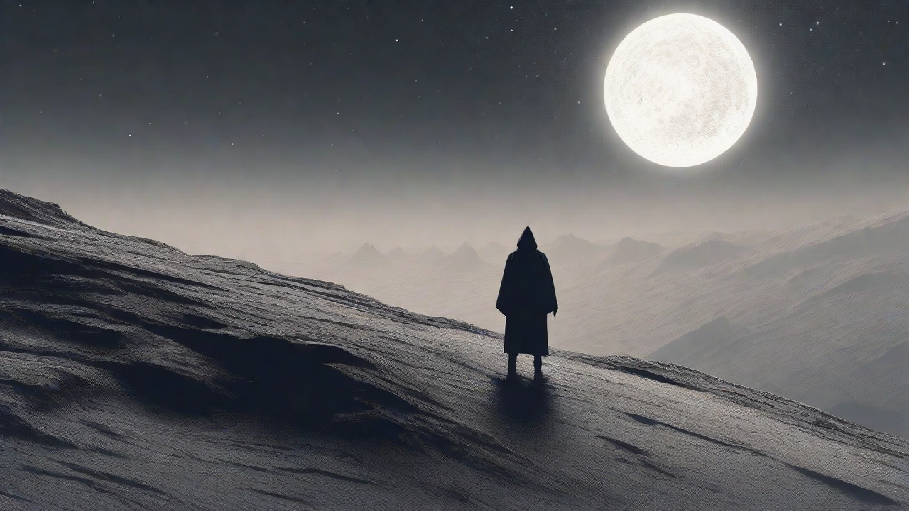 In the depths of a swirling void, a lone figure stands at the precipice, illuminated only by the faint glow of a dying star, as they embark on a perilous journey through the abyss towards an unknown destination.