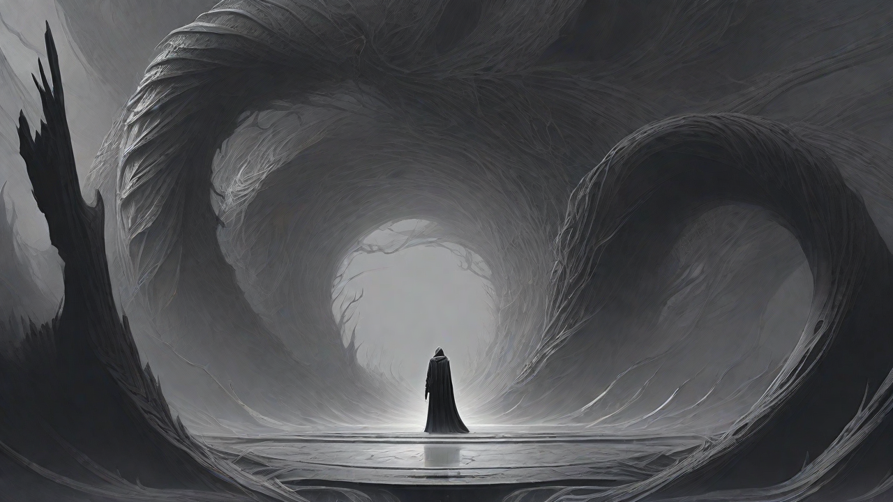 As the void's abyssal silence envelops them, a figure stands at the edge, their footsteps echoing through the void, guided by an unseen power that pushes them towards an otherworldly realm, where eternal rebirth awaits.