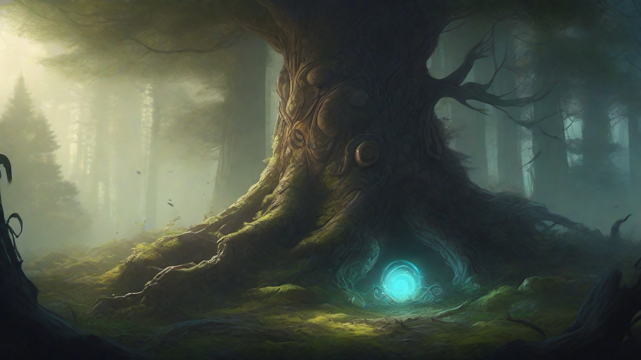 A bleak, mystical forest, where ancient trees loom over a clearing, surrounded by a ring of mushrooms, and a faint glow emanates from a lone, glowing artifact, pulsing with an otherworldly energy.