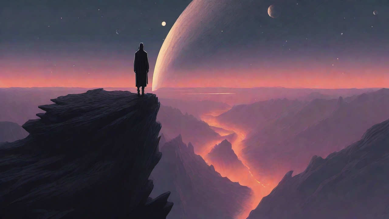 In the depths of a swirling void, a lone figure stands at the precipice, illuminated only by the faint glow of a dying star, as they embark on a perilous journey through the abyss towards an unknown destination.