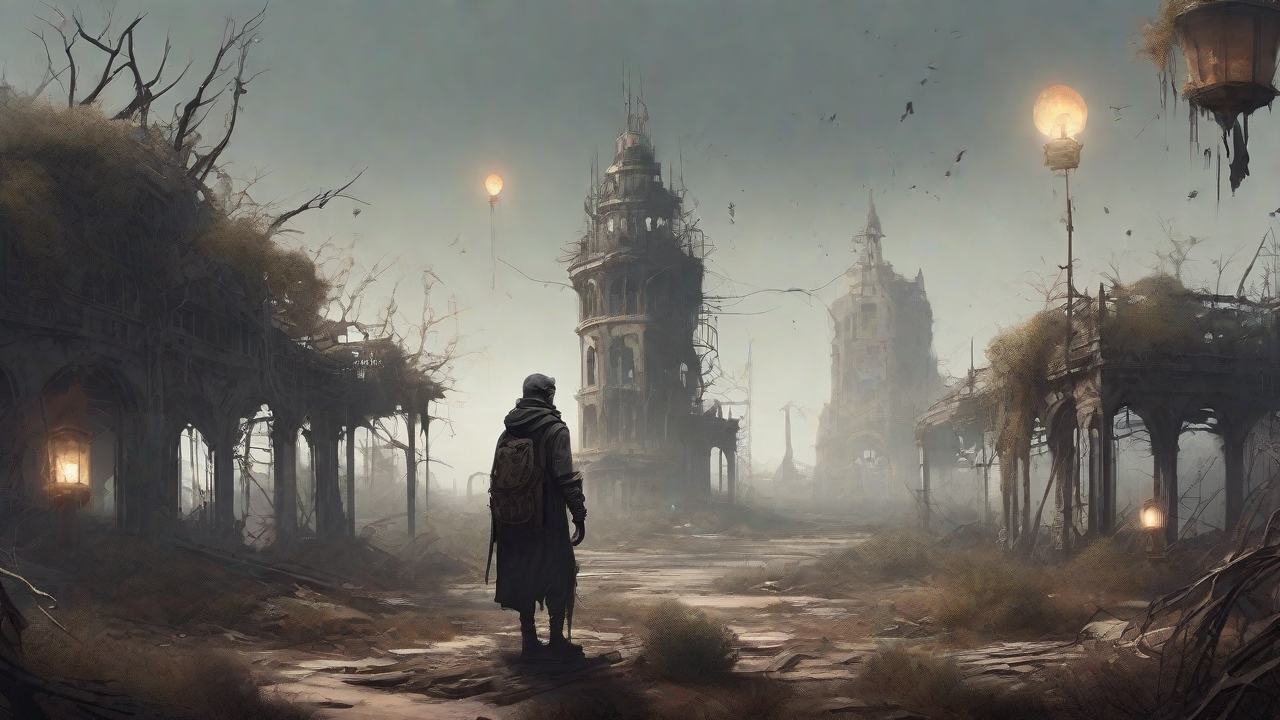 A barren, post-apocalyptic landscape with skeletal ruins, overgrown gardens, and a lone figure standing amidst the desolation, surrounded by flickering lanterns and a distant hint of a broken clock tower.