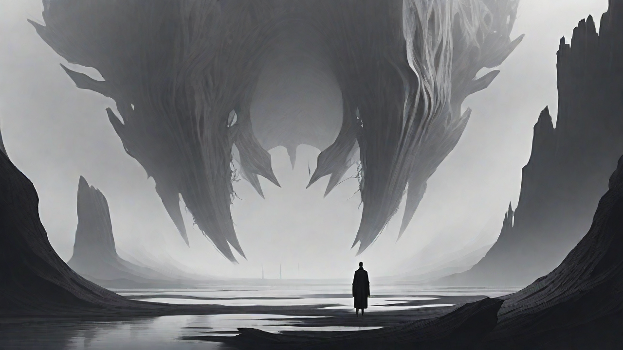 As the void's abyssal silence envelops them, a figure stands at the edge, their footsteps echoing through the void, guided by an unseen power that pushes them towards an otherworldly realm, where eternal rebirth awaits.
