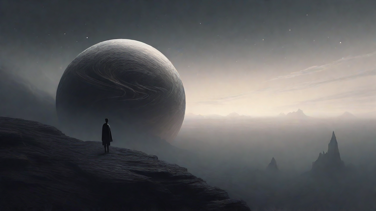 In the depths of a swirling void, a lone figure stands at the precipice, illuminated only by the faint glow of a dying star, as they embark on a perilous journey through the abyss towards an unknown destination.