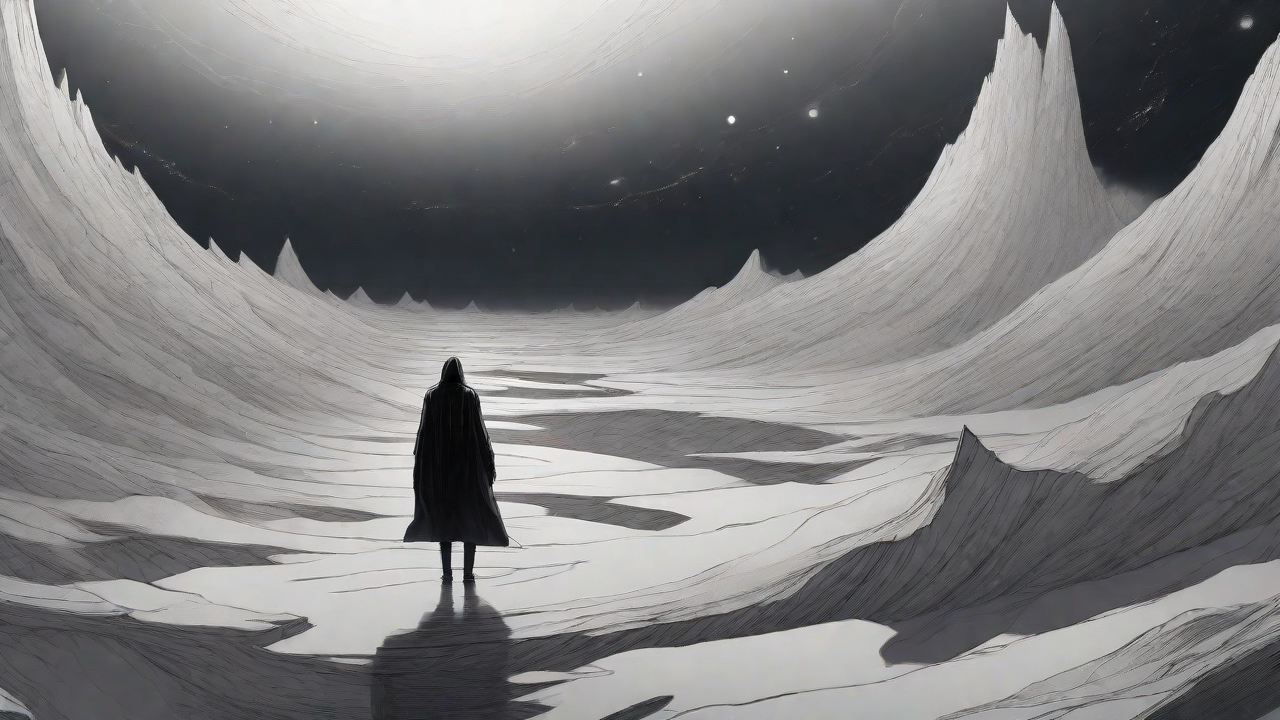 In a swirling void, a lone figure stands on the abyssal precipice, illuminated by the dying star, as they embark on a perilous journey through eternal darkness towards an unknown and mysterious destination.
