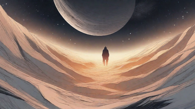 In the depths of a swirling void, a lone figure stands at the precipice, illuminated only by the faint glow of a dying star, as they embark on a perilous journey through the abyss towards an unknown destination.