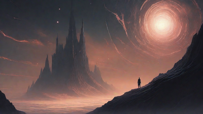 In a swirling void, a lone figure stands on the abyssal precipice, illuminated by the dying star, as they embark on a perilous journey through eternal darkness towards an unknown and mysterious destination.