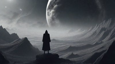 In a swirling void, a lone figure stands on the abyssal precipice, illuminated by the dying star, as they embark on a perilous journey through eternal darkness towards an unknown and mysterious destination.