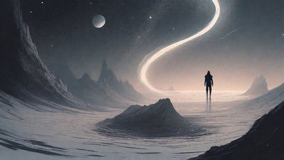 In a swirling void, a lone figure stands on the abyssal precipice, illuminated by the dying star, as they embark on a perilous journey through eternal darkness towards an unknown and mysterious destination.