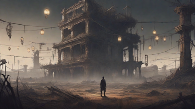 A barren, post-apocalyptic landscape with skeletal ruins, overgrown gardens, and a lone figure standing amidst the desolation, surrounded by flickering lanterns and a distant hint of a broken clock tower.